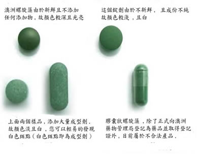 Visual comparison between different Spirulina pills