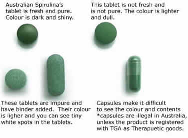 Visual comparison of spirulina tablets